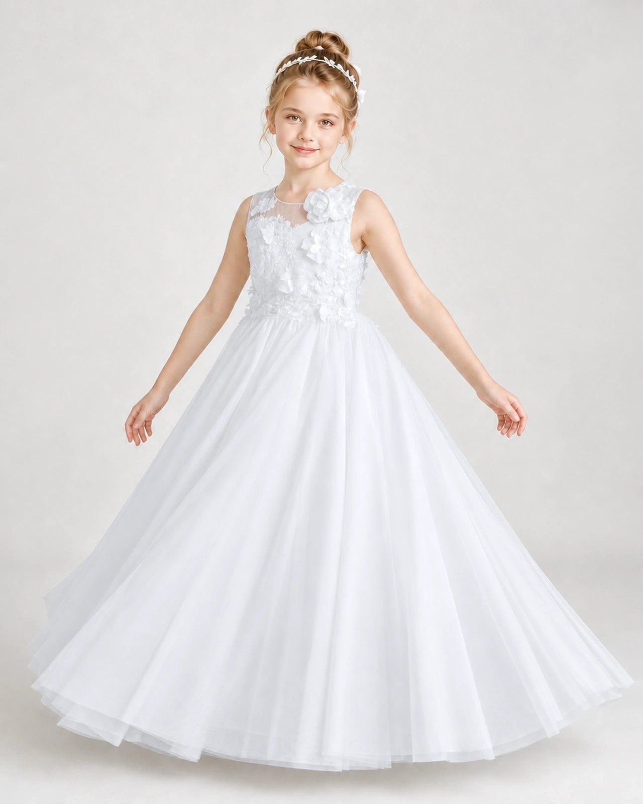 White First Communion Dresses 3D Floral Lace Keyhole Back Tulle Floor-Length Gown Front View