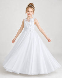 White First Communion Dresses 3D Floral Lace Keyhole Back Tulle Floor-Length Gown Front View