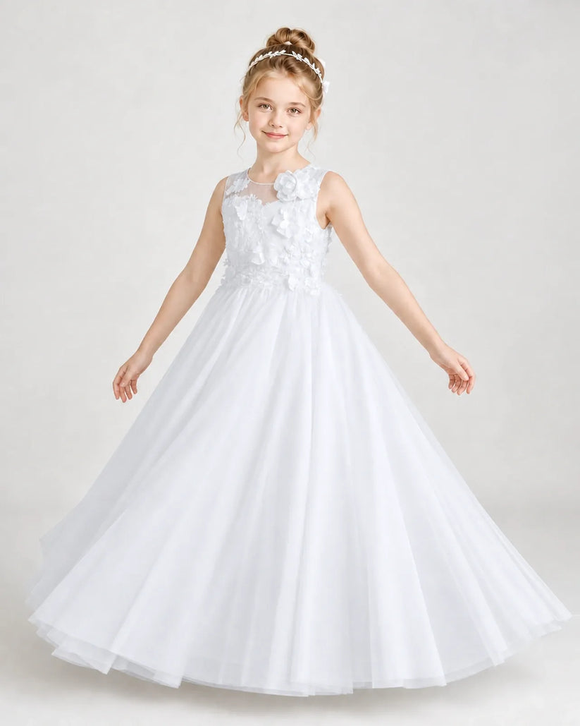 White Tulle A-line First Communion Dress Front View
