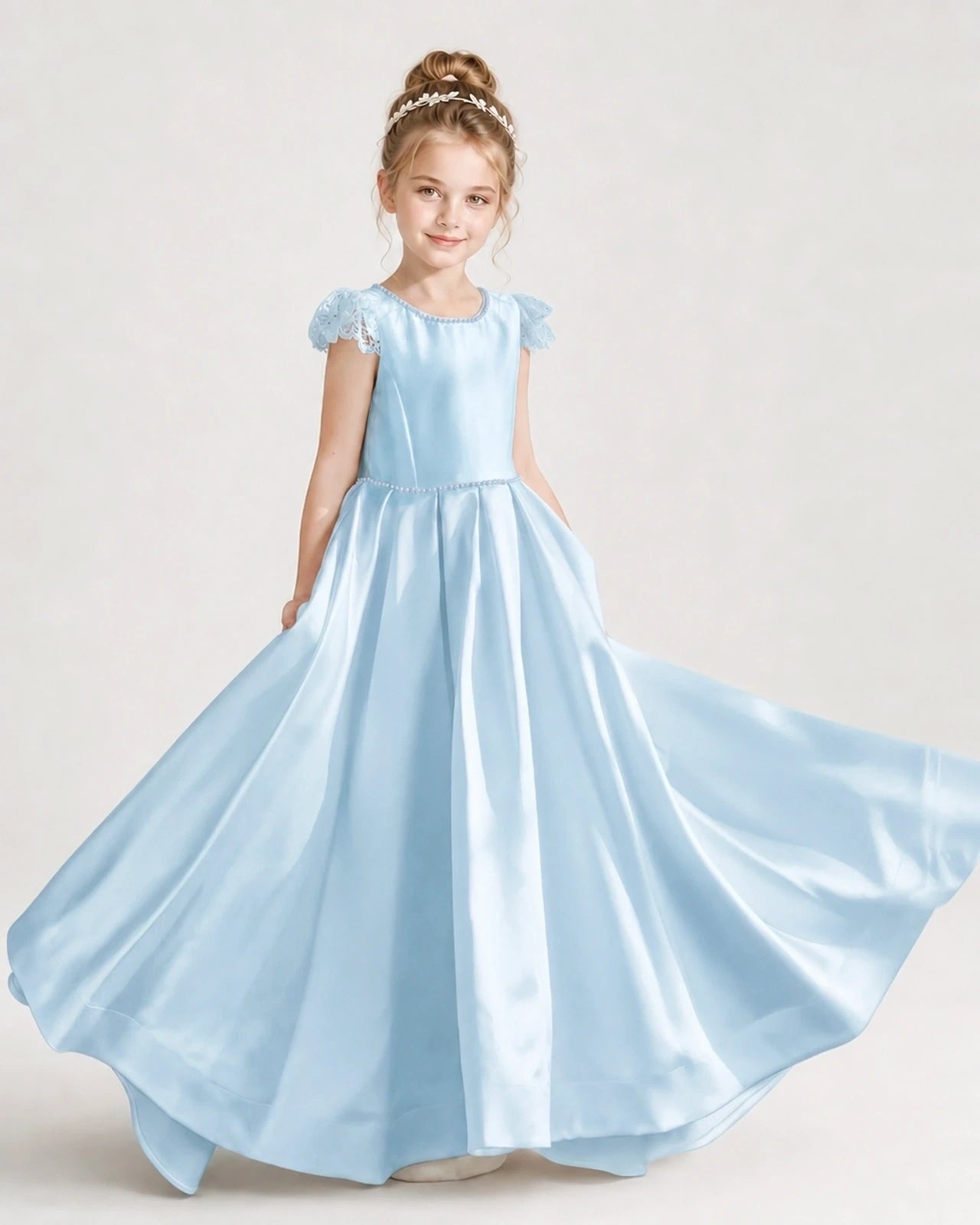 Dideyttawl Satin Girl Formal Dress with Lace Cap Sleeves