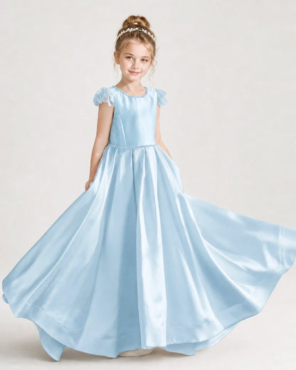 Dideyttawl Satin Girl Formal Dress with Lace Cap Sleeves