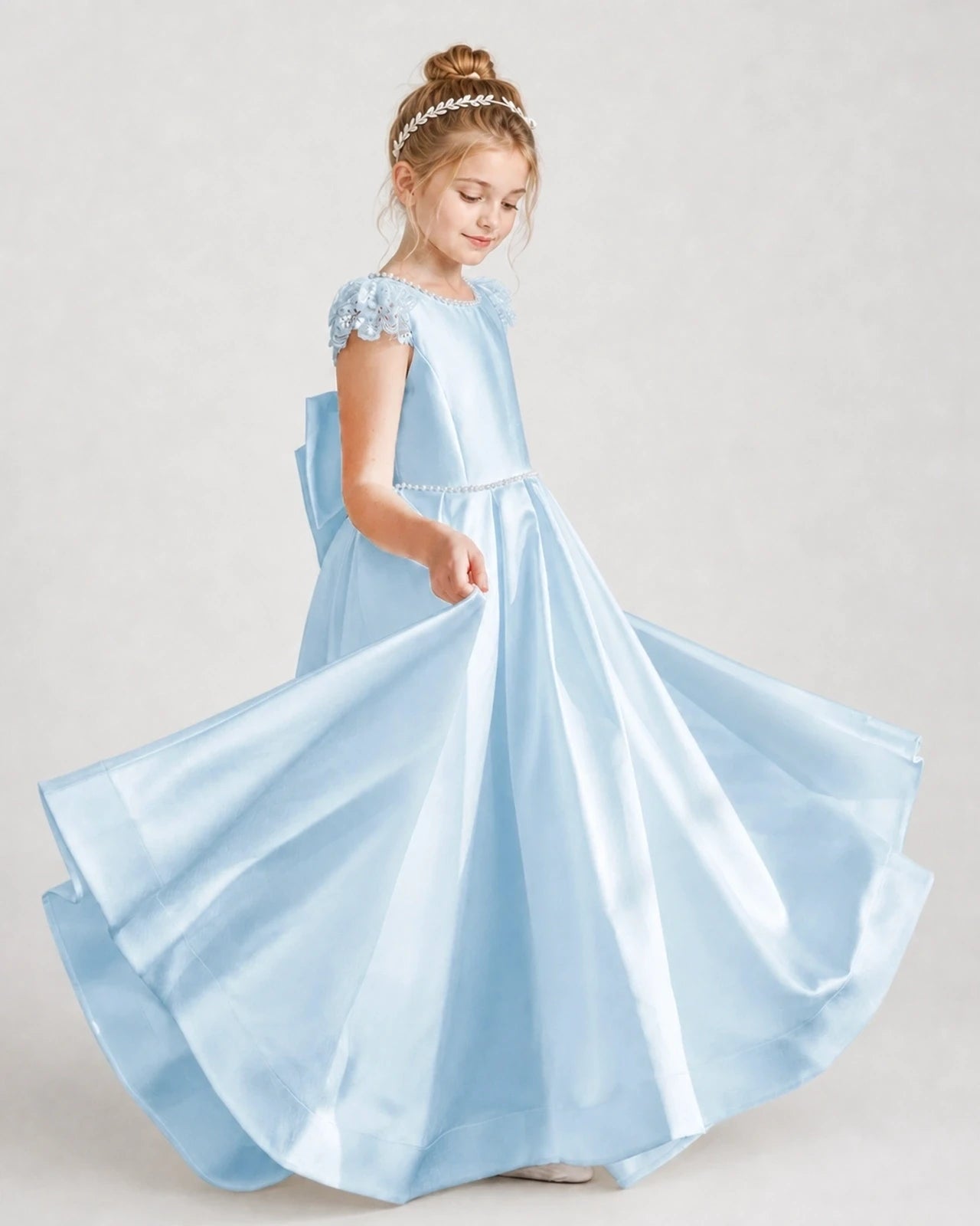 Dideyttawl Satin Girl Formal Dress with Lace Cap Sleeves