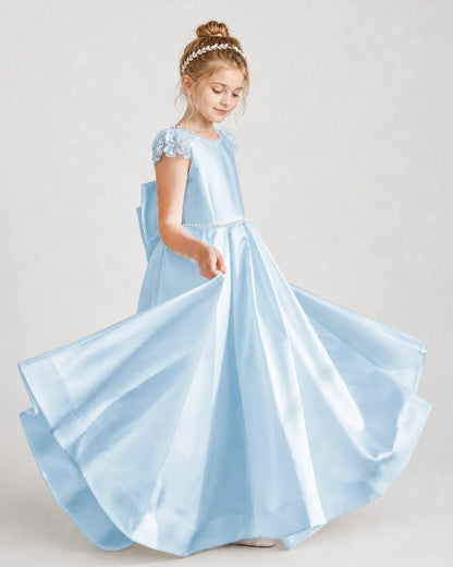 Dideyttawl Satin Girl Formal Dress with Lace Cap Sleeves
