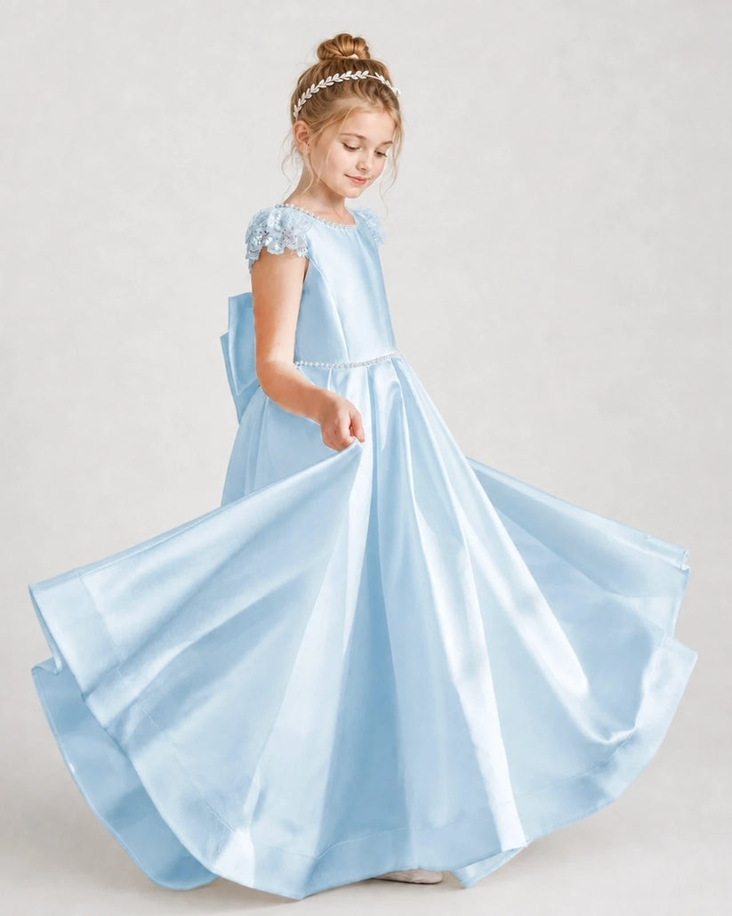 Baby Blue Satin Ball Gown Girls Formal Dresses Side View