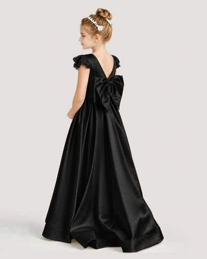 Dideyttawl Satin Girl Formal Dress with Lace Cap Sleeves