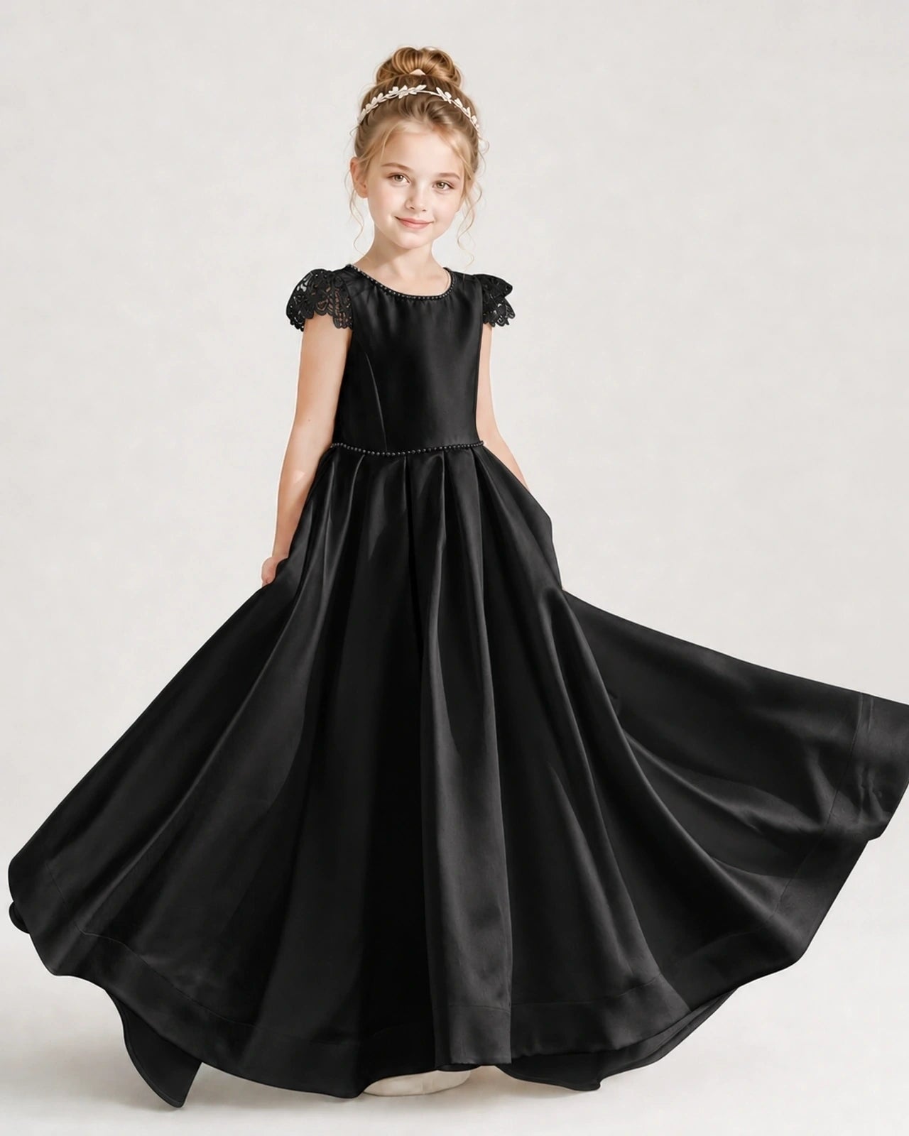 Dideyttawl Satin Girl Formal Dress with Lace Cap Sleeves