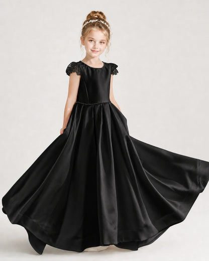 Dideyttawl Satin Girl Formal Dress with Lace Cap Sleeves