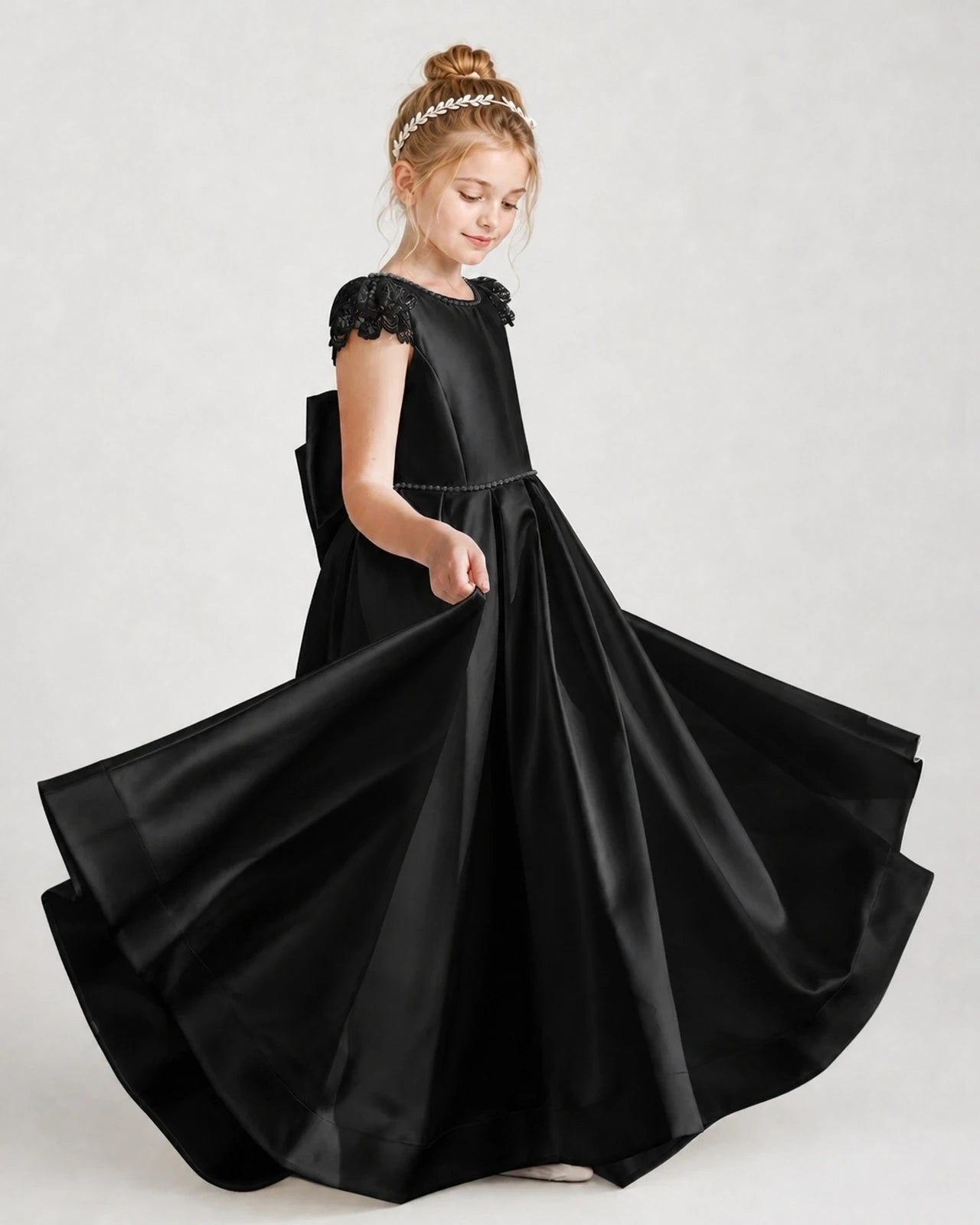 Dideyttawl Satin Girl Formal Dress with Lace Cap Sleeves
