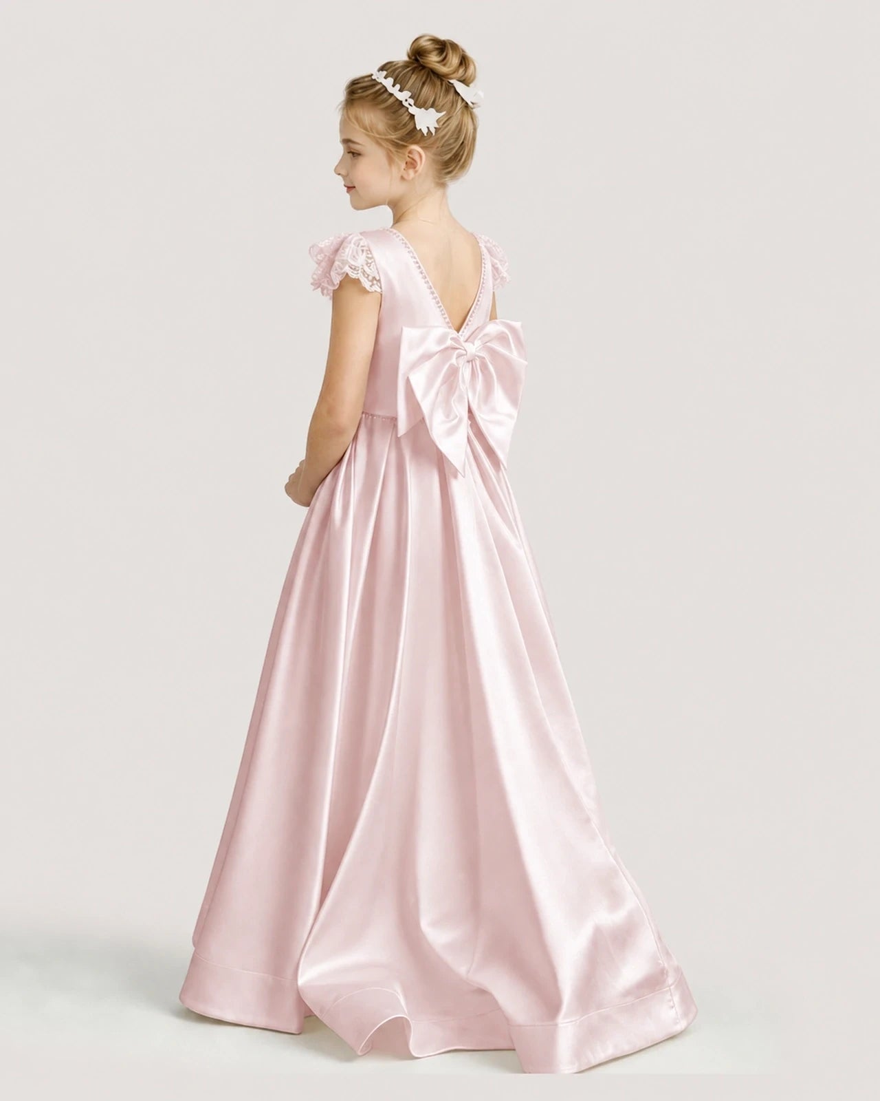 Dideyttawl Satin Girl Formal Dress with Lace Cap Sleeves