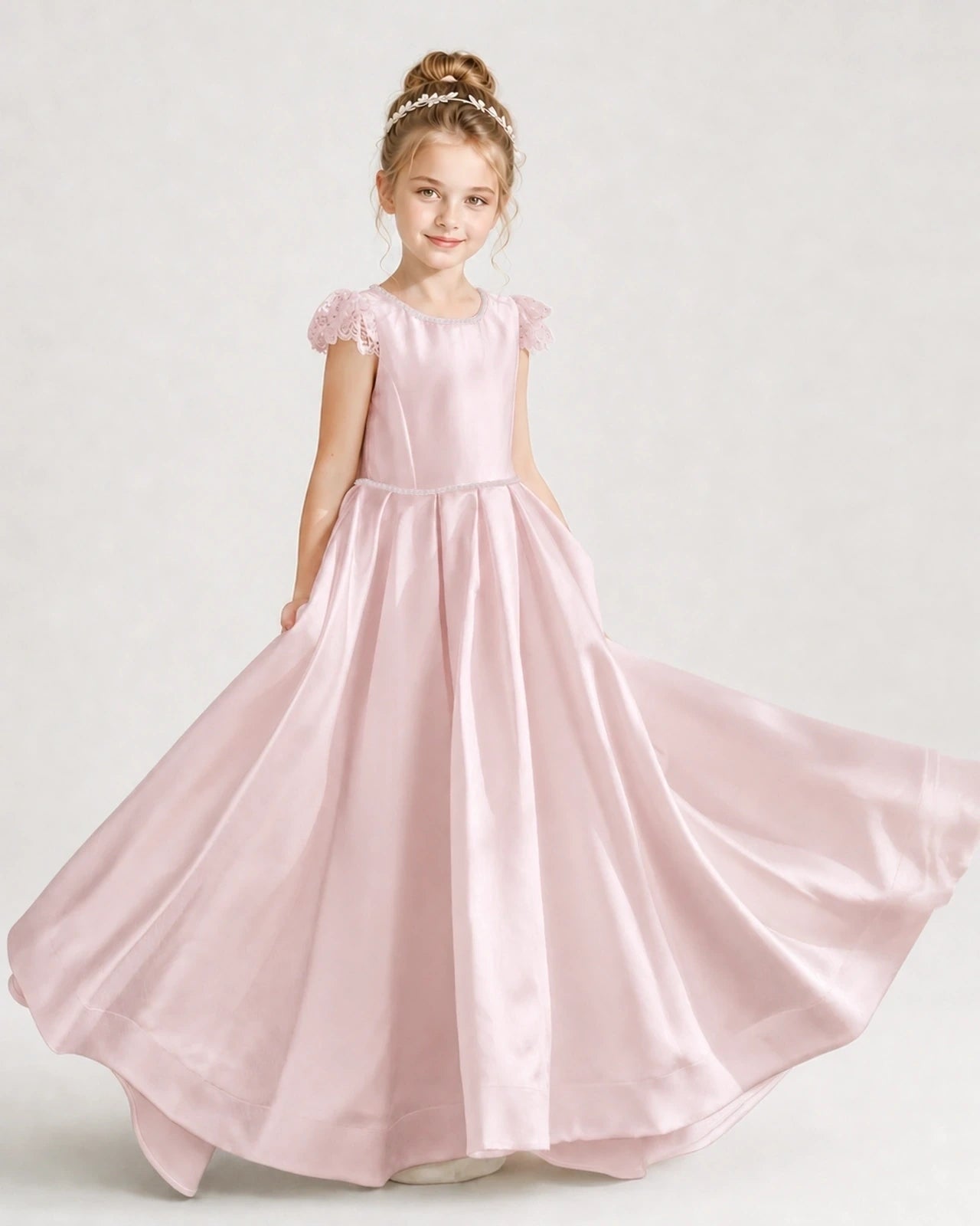 Blush Pink Satin Ball Gown Girls Formal Dresses Front View