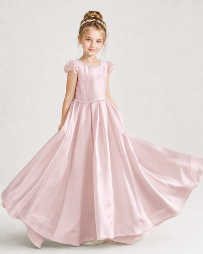 Dideyttawl Satin Girl Formal Dress with Lace Cap Sleeves