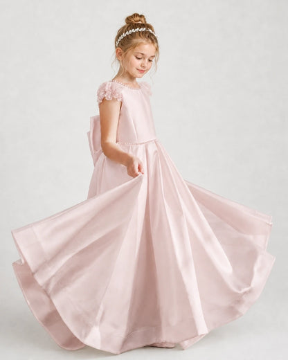 Dideyttawl Satin Girl Formal Dress with Lace Cap Sleeves