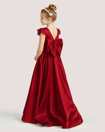 Dideyttawl Satin Girl Formal Dress with Lace Cap Sleeves
