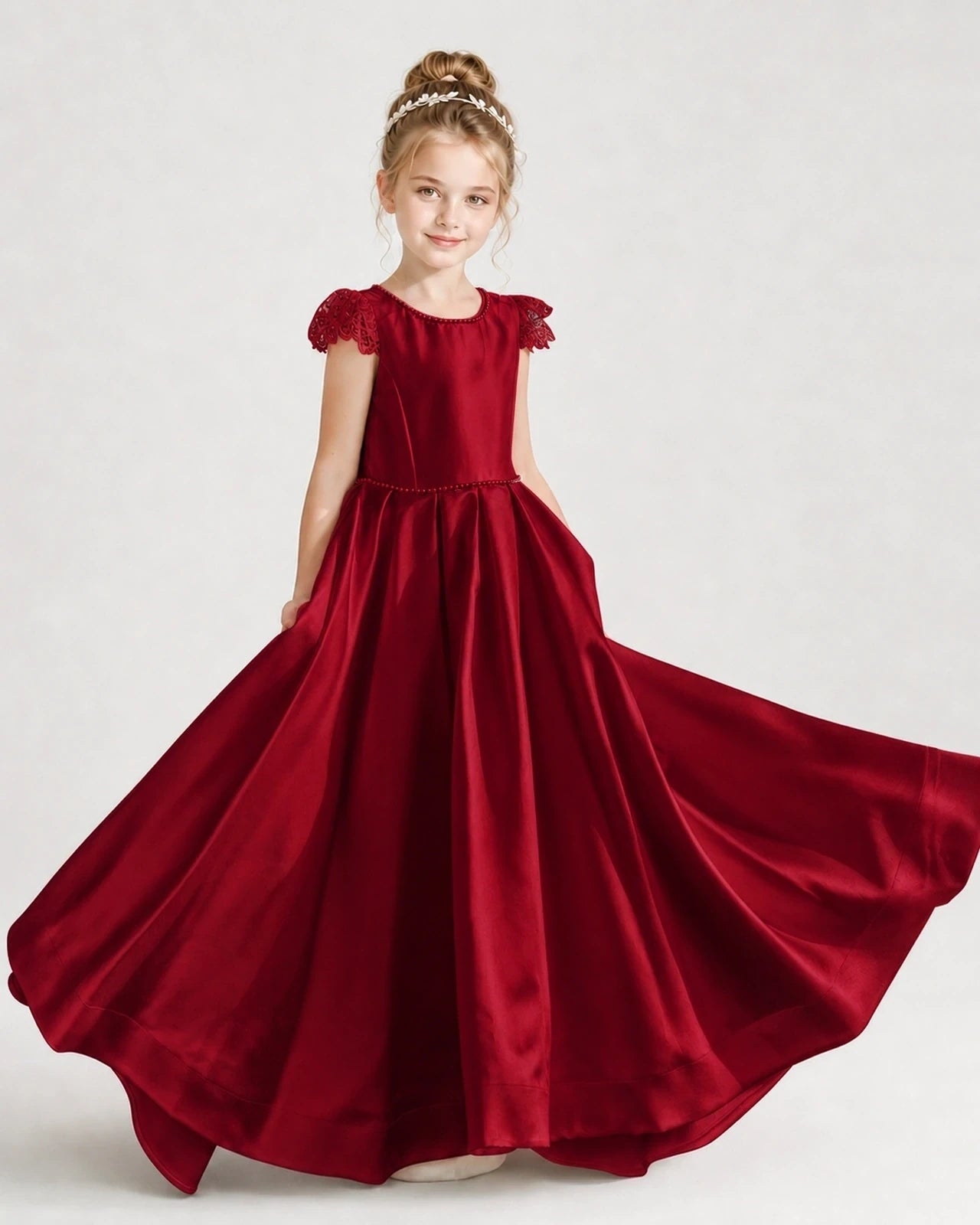 Burgundy Satin A-Line Girls Formal Dresses Front View