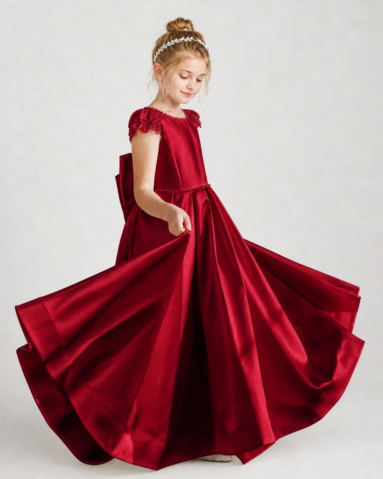 Dideyttawl Satin Girl Formal Dress with Lace Cap Sleeves