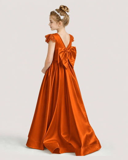 Dideyttawl Satin Girl Formal Dress with Lace Cap Sleeves