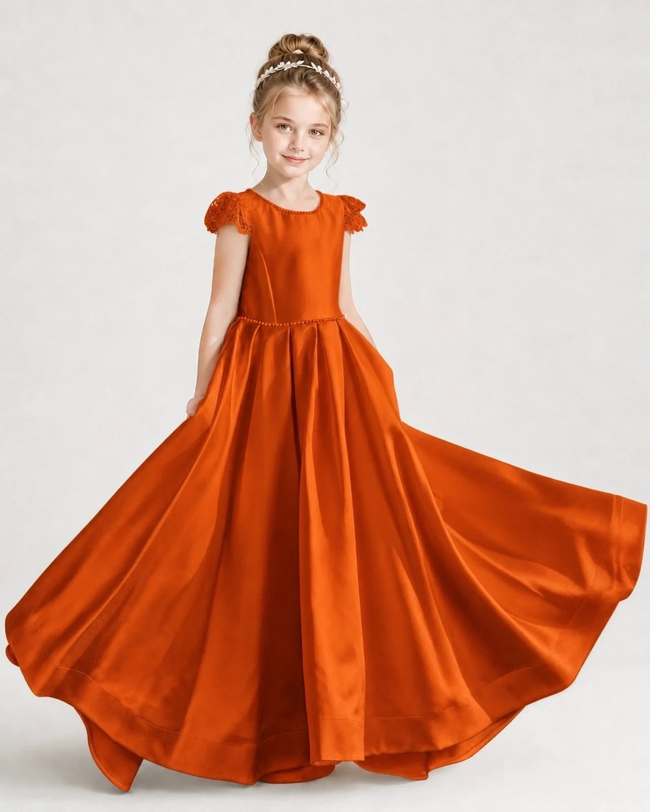 Dideyttawl Satin Girl Formal Dress with Lace Cap Sleeves