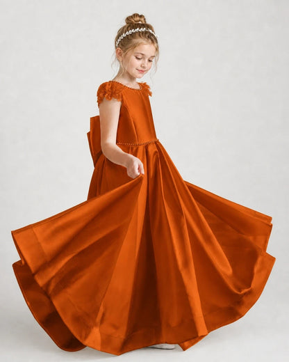 Dideyttawl Satin Girl Formal Dress with Lace Cap Sleeves