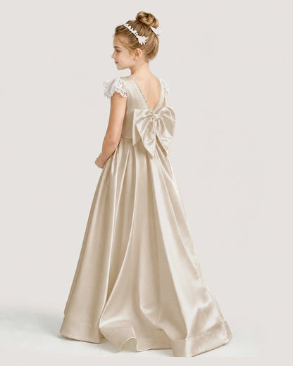 Dideyttawl Satin Girl Formal Dress with Lace Cap Sleeves