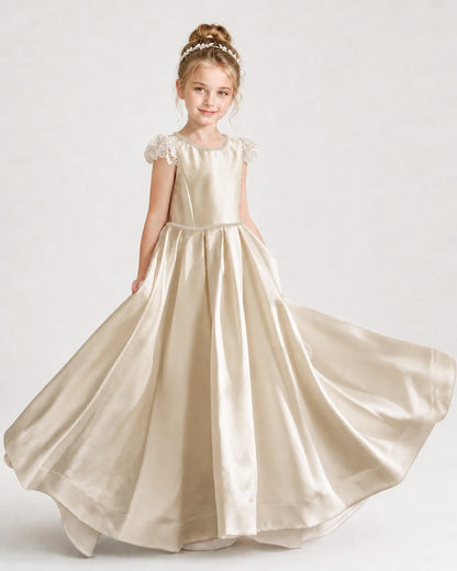 Dideyttawl Satin Girl Formal Dress with Lace Cap Sleeves