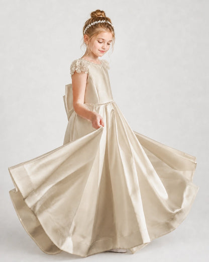 Dideyttawl Satin Girl Formal Dress with Lace Cap Sleeves