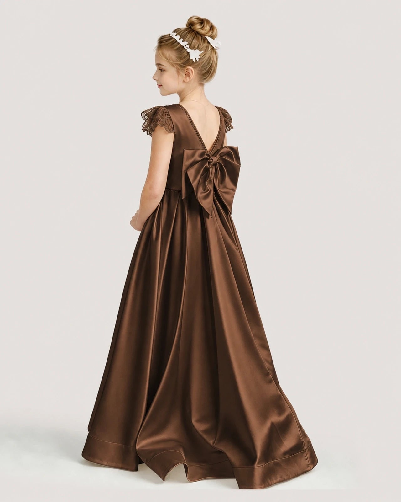 Dideyttawl Satin Girl Formal Dress with Lace Cap Sleeves