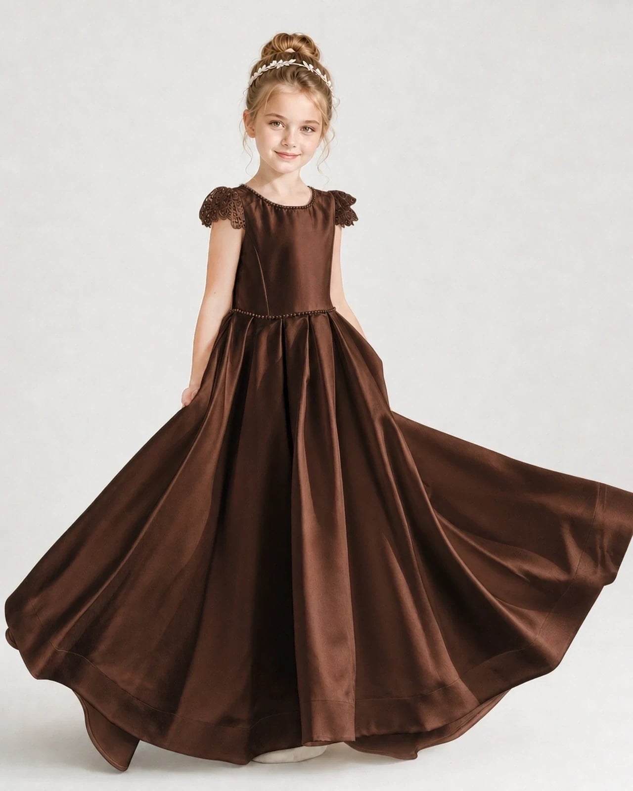 Dideyttawl Satin Girl Formal Dress with Lace Cap Sleeves