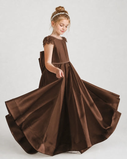 Dideyttawl Satin Girl Formal Dress with Lace Cap Sleeves