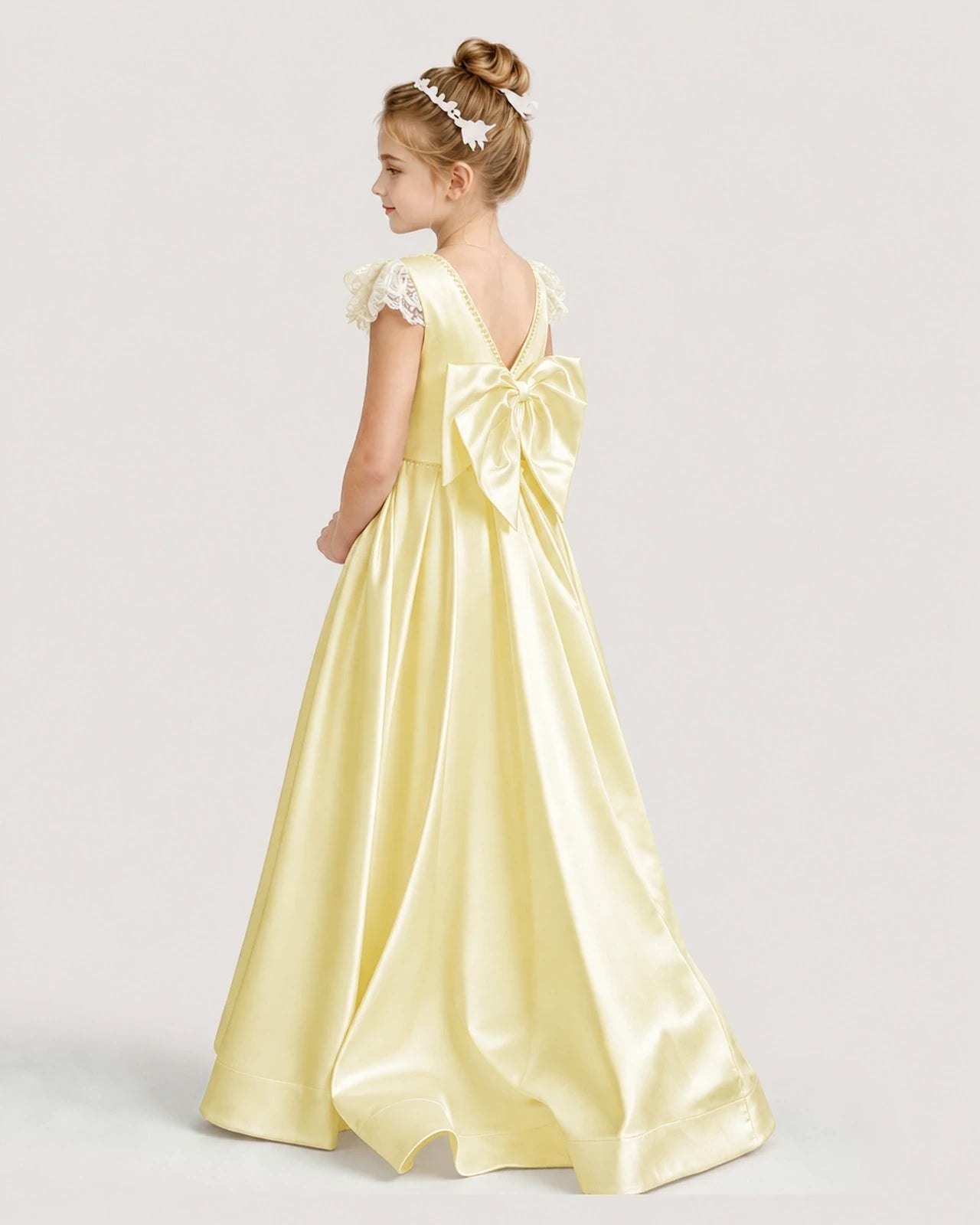 Dideyttawl Satin Girl Formal Dress with Lace Cap Sleeves