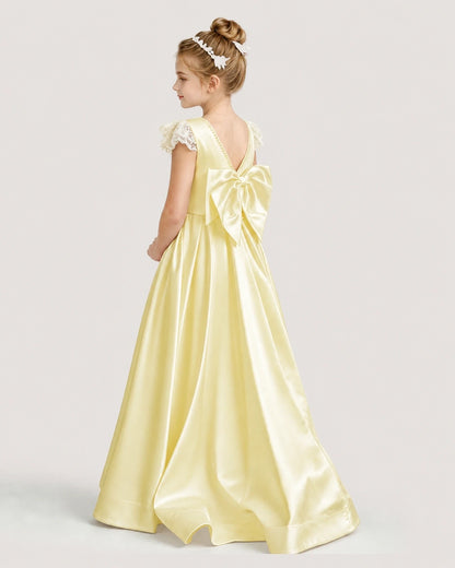 Dideyttawl Satin Girl Formal Dress with Lace Cap Sleeves