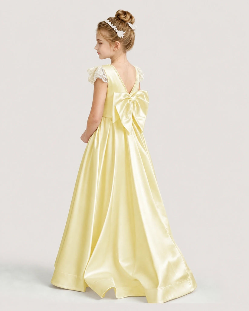 Daffodil Satin V-Neck A-Line Girls Formal Dresses Back View