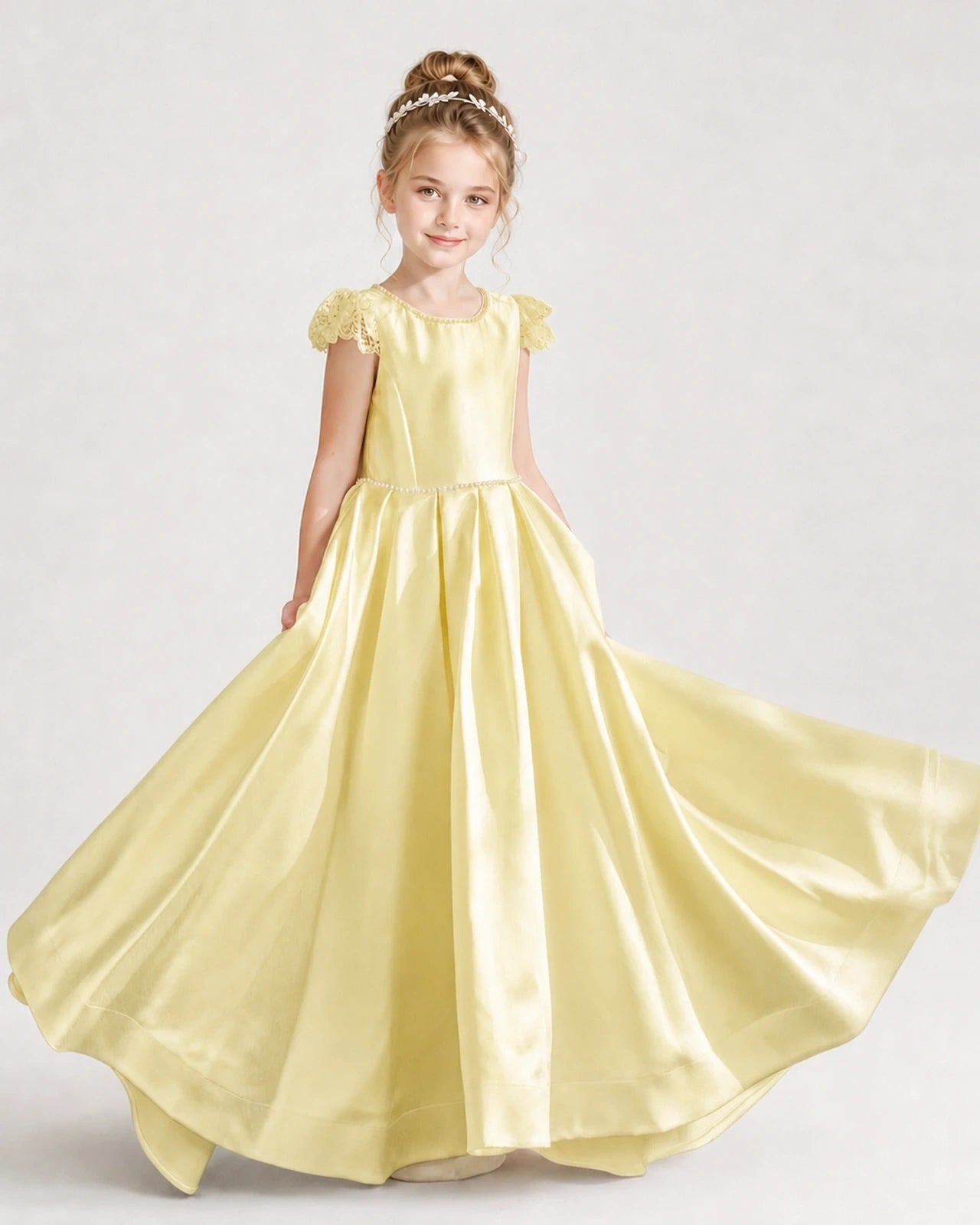 Dideyttawl Satin Girl Formal Dress with Lace Cap Sleeves