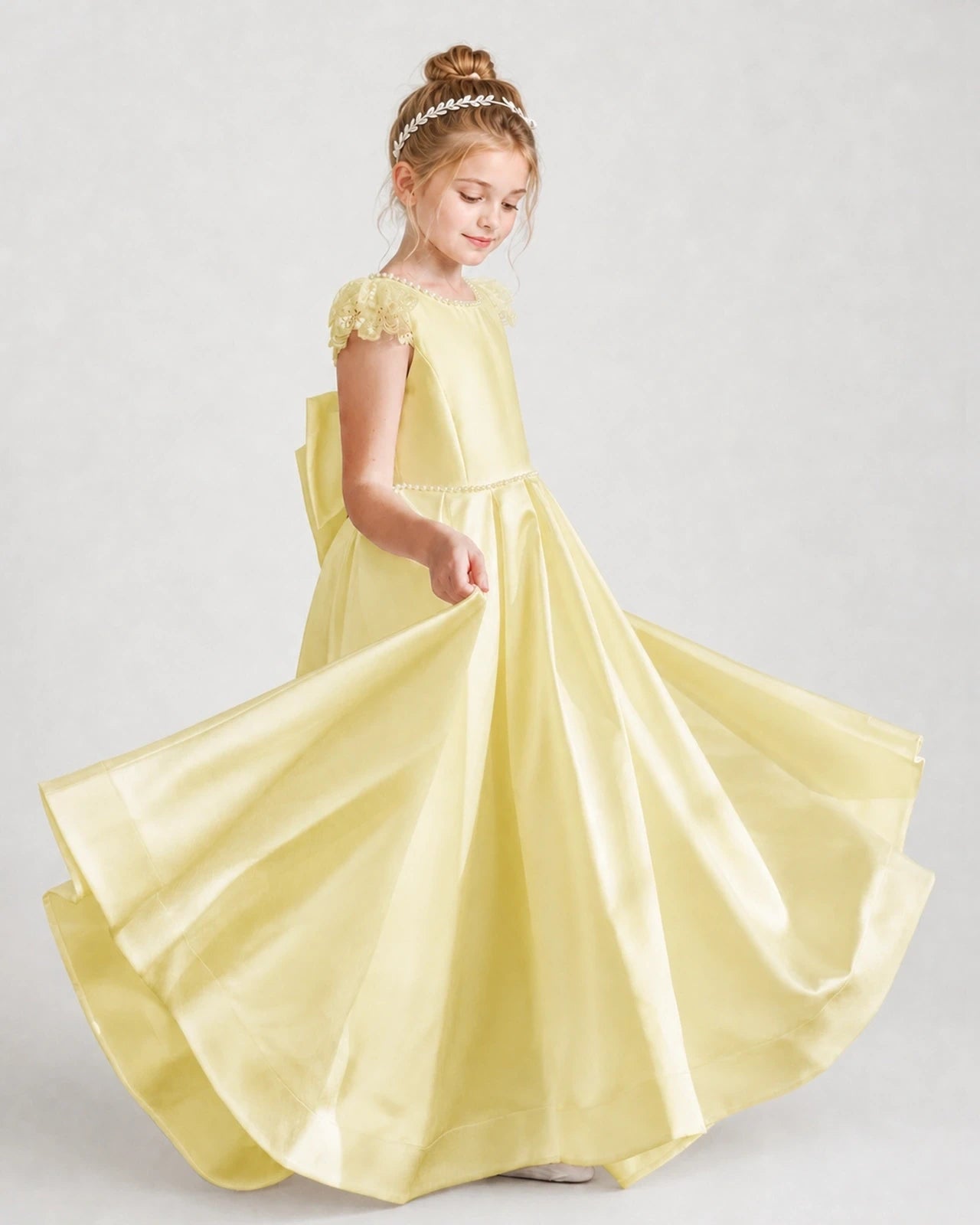 Dideyttawl Satin Girl Formal Dress with Lace Cap Sleeves
