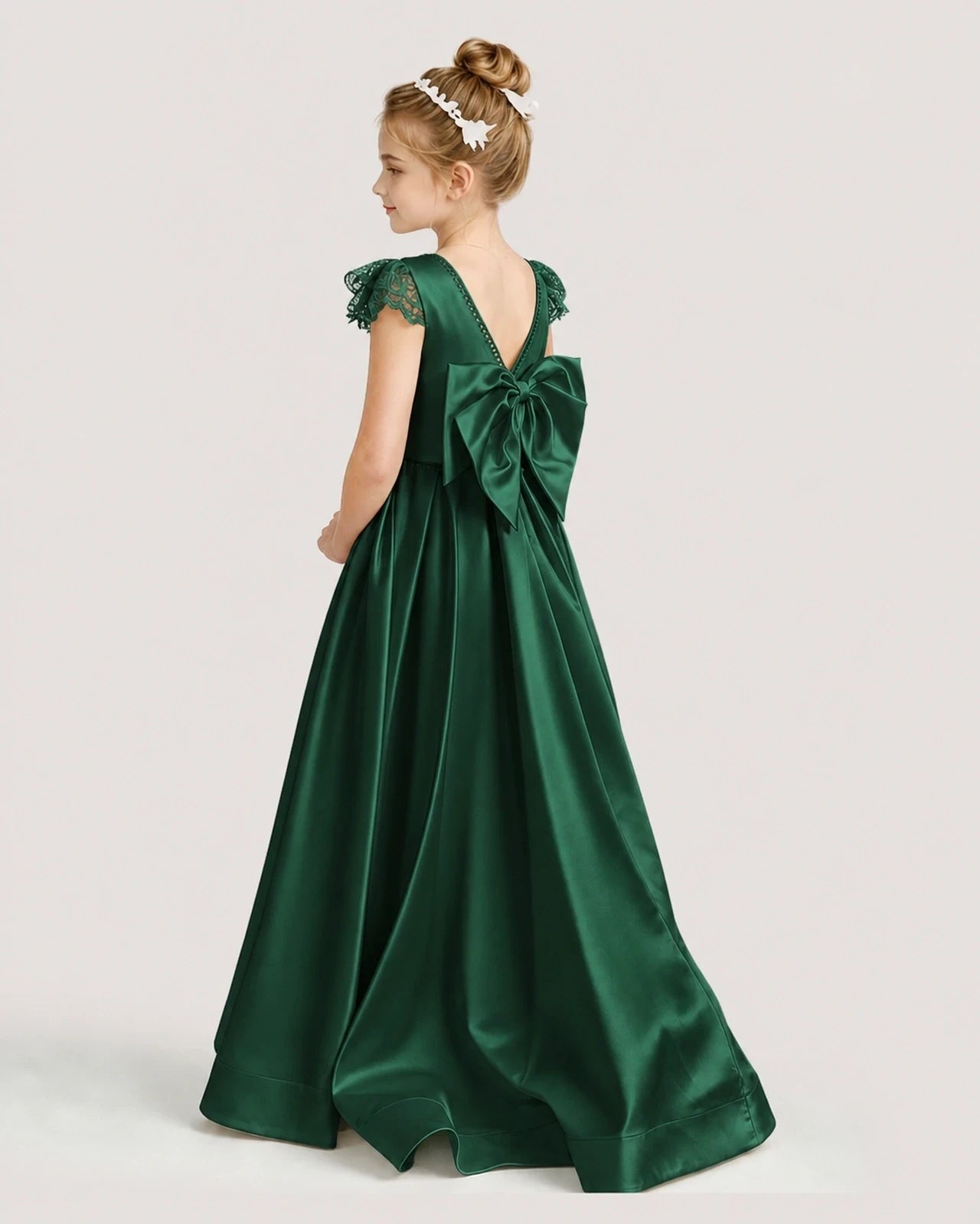Dideyttawl Satin Girl Formal Dress with Lace Cap Sleeves