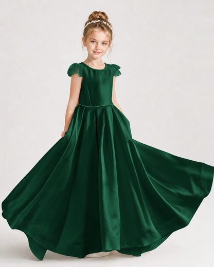 Dideyttawl Satin Girl Formal Dress with Lace Cap Sleeves