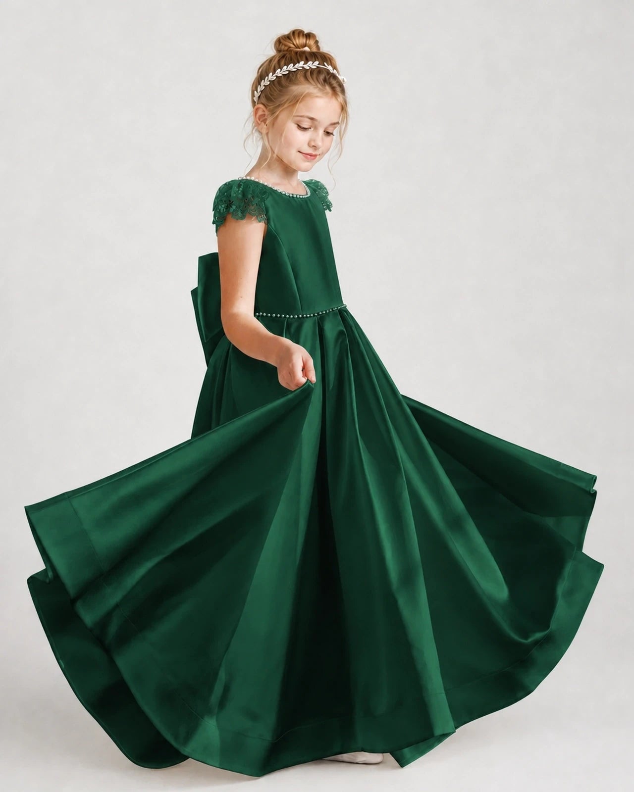 Dideyttawl Satin Girl Formal Dress with Lace Cap Sleeves