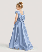 Dusty Blue Satin A-line Dress Girls Formal Dresses Back View