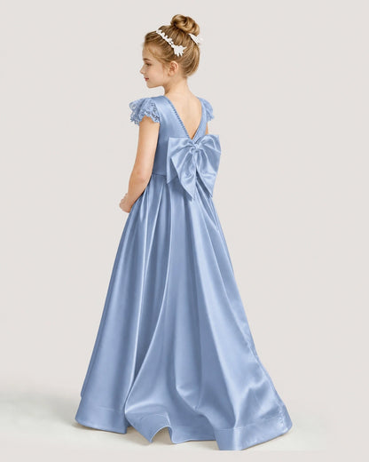 Dideyttawl Satin Girl Formal Dress with Lace Cap Sleeves