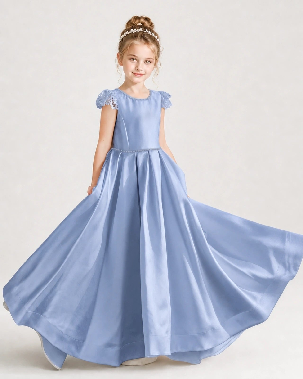Dideyttawl Satin Girl Formal Dress with Lace Cap Sleeves