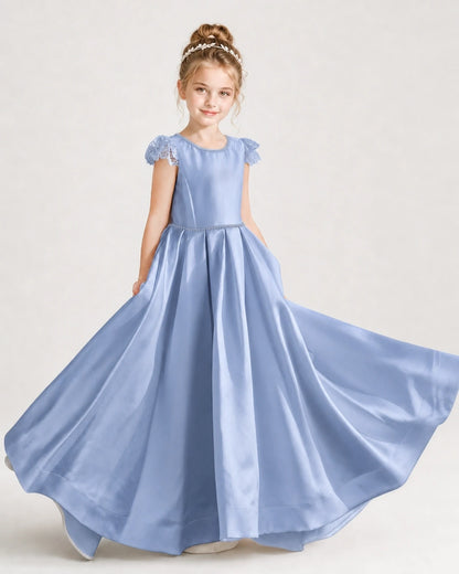 Dideyttawl Satin Girl Formal Dress with Lace Cap Sleeves