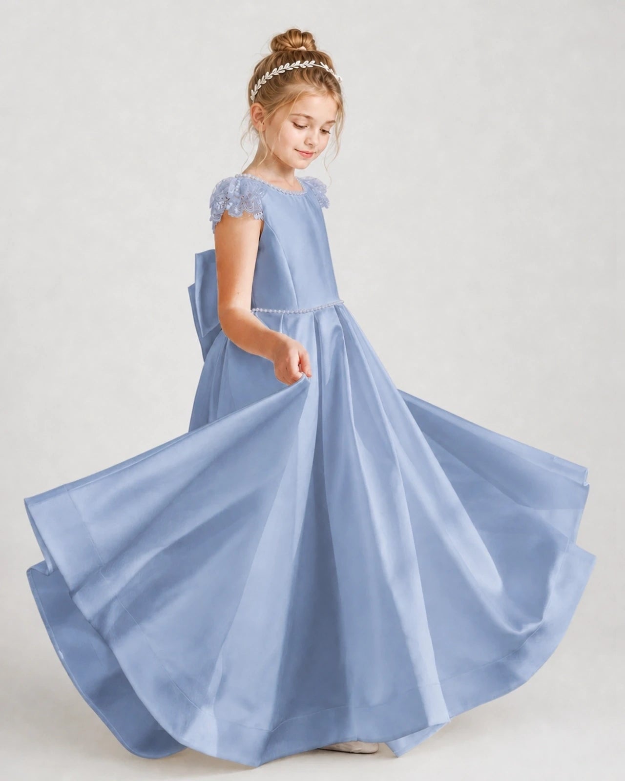 Dideyttawl Satin Girl Formal Dress with Lace Cap Sleeves