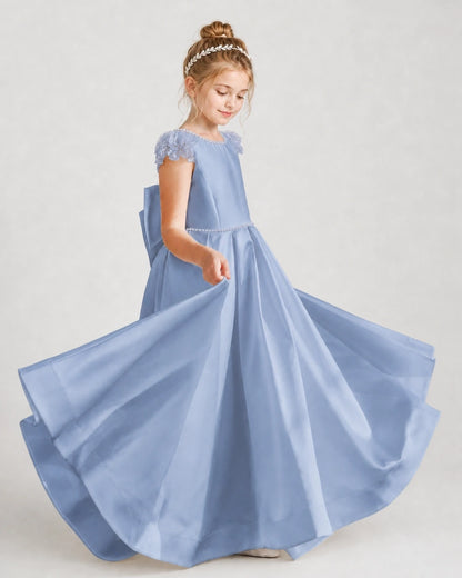 Dideyttawl Satin Girl Formal Dress with Lace Cap Sleeves