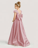 Dusty Rose Satin V-Neck A-Line Girls Formal Dresses Back View