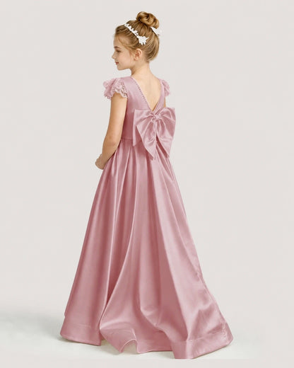 Dideyttawl Satin Girl Formal Dress with Lace Cap Sleeves