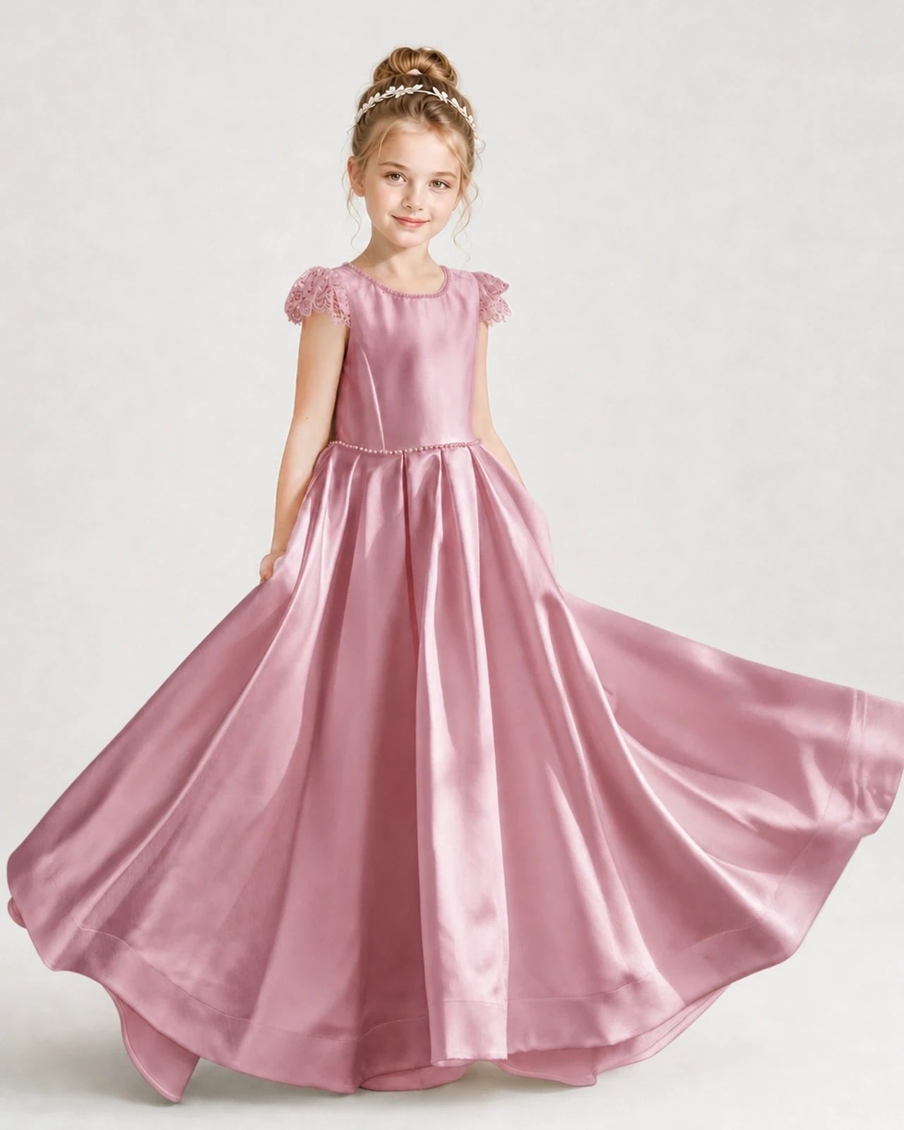 Dideyttawl Satin Girl Formal Dress with Lace Cap Sleeves