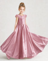 Dusty Rose Satin Cap Sleeve A-Line Girls Formal Dresses Front View