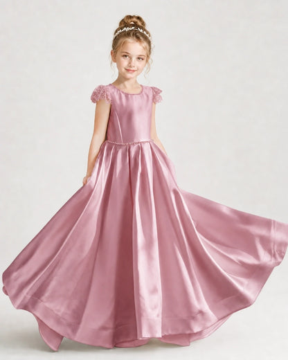 Dideyttawl Satin Girl Formal Dress with Lace Cap Sleeves