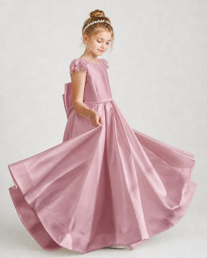 Dideyttawl Satin Girl Formal Dress with Lace Cap Sleeves