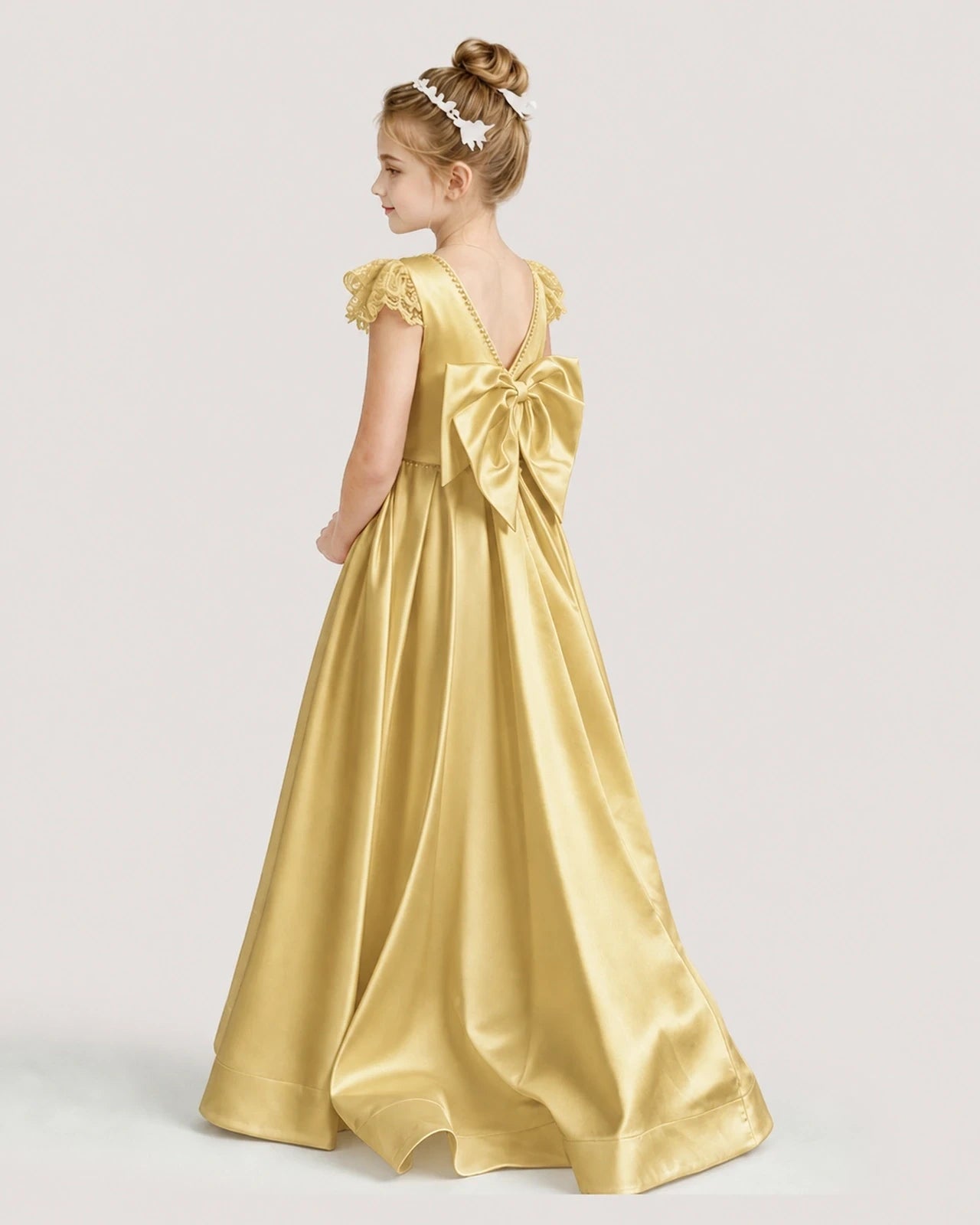 Dideyttawl Satin Girl Formal Dress with Lace Cap Sleeves