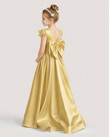 Gold Satin V-Back Bow A-Line Girls Formal Dresses Back View